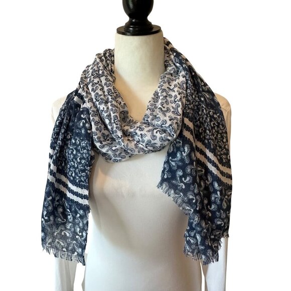 Blue White Paisley Pattern Scarf 70in Striped Frayed Edge Head Wrap Hijab Cruise - Picture 3 of 8